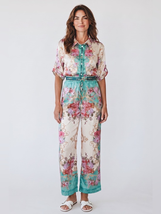 Eden Society Pants - Eden Society - NWT - Floral Satin Shirt Jumpsuit in Teal & Cream